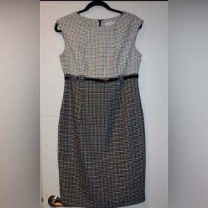 Calvin Klein Black and White Check Sheath Dress with Belt